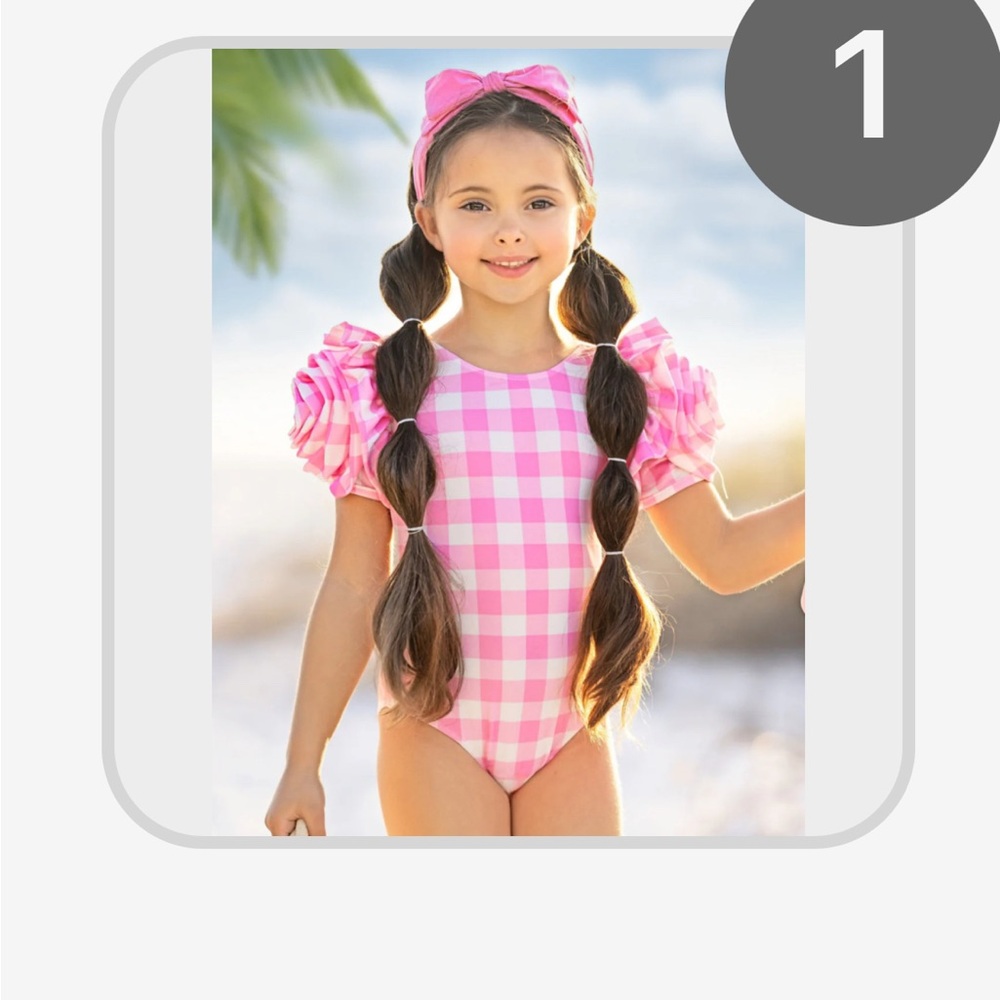 Pink Gingham Ruffle Sleeve Girls' One-Piece Swimsuit